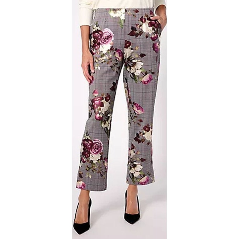 Isaac Mizrahi Live! Tall Straight Leg Ankle Pants - Gray Floral Windowpane - 4XT